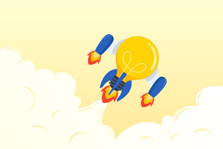 Bright light bulb idea with rocket booster flying fast into the sky, boost creative idea, imagination, technology to help success, invent new solution to win business competitionのイラスト素材