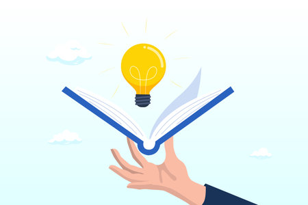 Hand hold open book to discover light bulb idea, knowledge or education, study or learning new skill, creativity or idea, reading book for inspiration, discover solutionのイラスト素材
