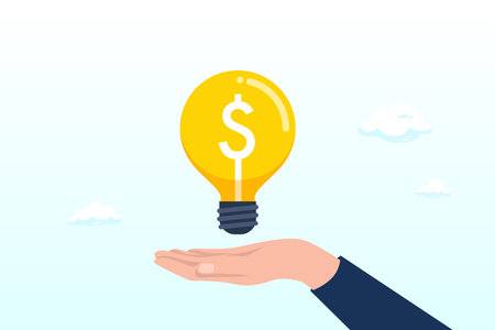 Businessman hand hold brightly lit money dollar light bulb idea, enlighten money idea, investment and savings with high profit, business idea to make money or profit, innovationのイラスト素材
