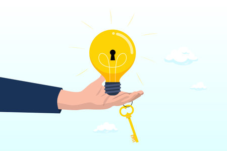 Businessman hand giving bright light bulb idea with keyhole and golden key to unlock it, key to success, creativity idea to solve problem, innovation or knowledge to unlock careerのイラスト素材