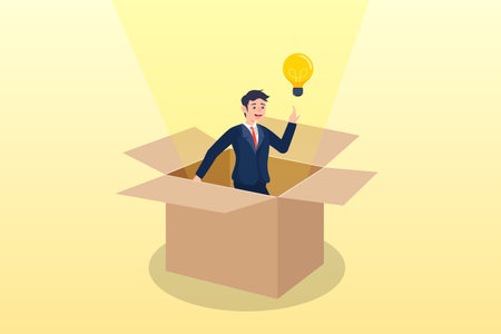 Smart businessman get out of paper box with new illumination light bulb idea, think outside the box, creativity to create different business idea or motivation and innovationのイラスト素材