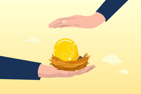 Businessman hand cover incubate startup light bulb idea in bird nest, startup incubator, funding business since early bird or beginning, success business idea or innovationのイラスト素材
