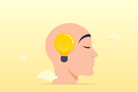 Human head with bright light bulb metaphor of wisdom and education, wisdom, education or philosophy, knowledge and learning, understanding or intuition, critical thinkingのイラスト素材