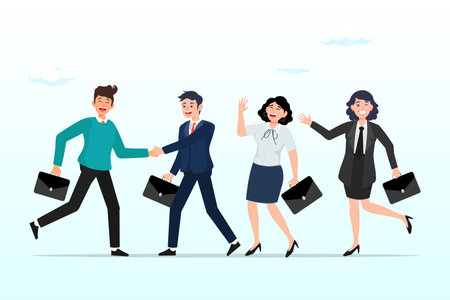 Businessman manager handshake welcome and introduce new staff to team, on boarding new employee, warm welcome to new office, introduce new hire to colleagues, orientation trainingのイラスト素材