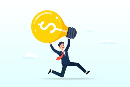 Happy businessman carrying bright light bulb idea with dollar money sign make money from new idea or profit from investment, creativity, innovation to increase earning growthのイラスト素材