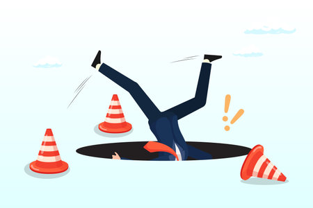 Terrified businessman fall down into the hole, failure or mistake causing catastrophe despair, problem or risk from crisis or recession, danger or business accident, trouble, lossのイラスト素材