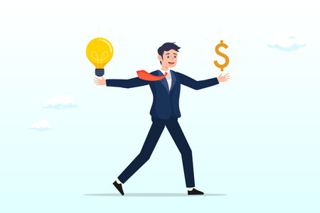 Businessman with light bulb idea in his hand and money dollar sign on other hand, business idea to make money, innovation and creativity to make profit investment or financial planのイラスト素材