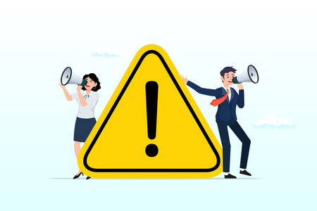 Business people announce on megaphone with attention exclamation sign, important announcement, attention or warning information, breaking news, urgent message communication, alertのイラスト素材