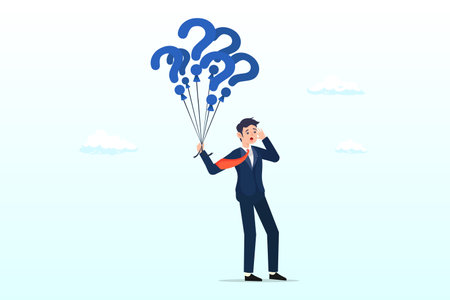 Doubtful businessman holding question marks balloon look for solutions, question marks, finding solution or search for answer, solving problem or curiosity, questionnaire, FAQのイラスト素材