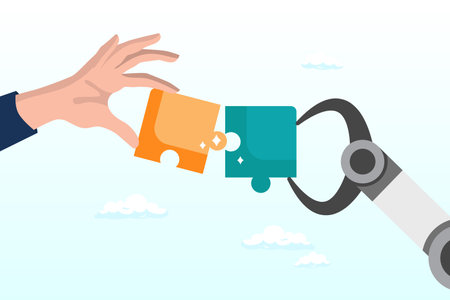 Businessman and AI robot hand connect jigsaw puzzle together, human and AI Artificial Intelligence working together, machine or automation to help or support work, connect ideaのイラスト素材