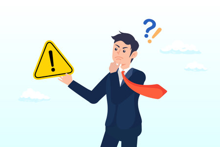 Businessman holding exclamation mark sign with concern to solve problem, concern or doubt to make decision, worried for problem or issue, attention or challenge ahead, distrustのイラスト素材