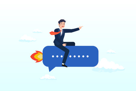 Cheerful businessman ride speech bubble pointing to target, effective communication for business leader, sending message, announcement or dialog for success, communicate ideaのイラスト素材