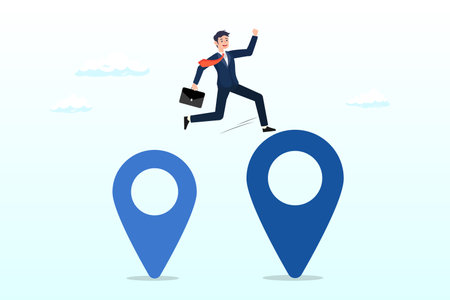 Businessman company owner jumping from map navigation pin to new one metaphor of relocation, business relocation, move office to new address or transfer to new locationのイラスト素材