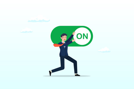 Smart businessman push setting button switch to on position, turn on switch, paradigm shift or change to be better status, start or begin business, setting or preference conceptのイラスト素材
