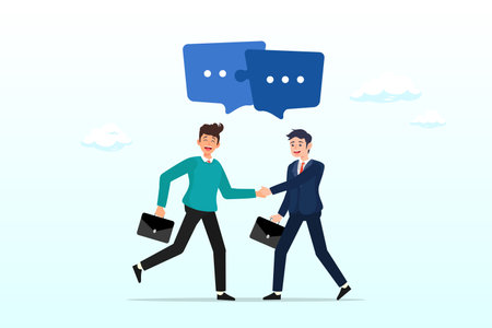 Businessmen handshake with connect speech bubble jigsaw, success communicate, discussion, interview, achieve business agreement, partnership deal, perfect match connectionのイラスト素材