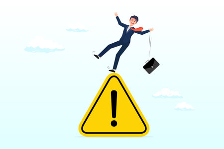 Cautious businessman slip falling on exclamation symbol beware, careful caution sign, mistake caution, business risk or problem warning, failure prevention or avoid danger conceptのイラスト素材