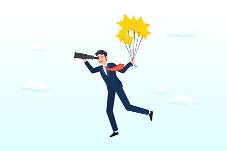 Businessman flying with stars rating balloon look for future, evaluation or performance rating, reputation or customer satisfaction review, quality feedback or best or good serviceのイラスト素材