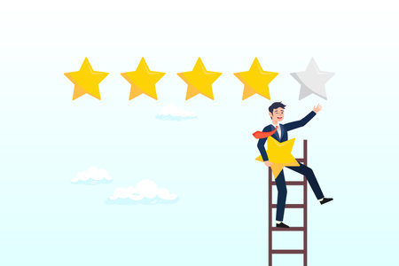 Businessman holding 5th star climb up ladder to put on best rating, 5 stars rating review high quality and good business reputation, customer feedback or credit scoreのイラスト素材