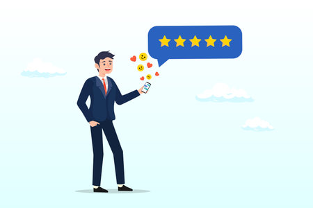 Satisfied man holding mobile giving 5 stars rating feedback, customer feedback from mobile application, user experience, scoring and satisfaction, product quality and online surveyのイラスト素材