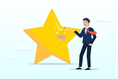 Businessman fix broken rating star with bandage, reputation management, customer experience or rating, crisis management to repair or fix customer trust problem, credit scoreのイラスト素材