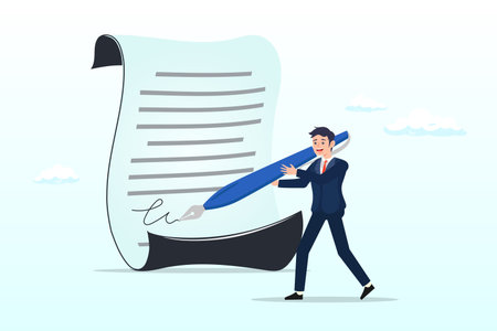 Confidence businessman leader or client using fountain pen signing his signature on paperwork, business deal, agreement, sign contract and paperwork for banking loanのイラスト素材