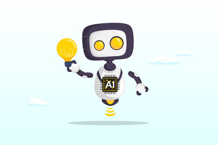 Smart robot with AI chip thinking about new light bulb idea , AI artificial intelligence technology to think and advice new idea, machine learning chat bot to support, innovationのイラスト素材