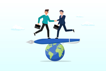 Businessman world leader handshake on fountain pen seesaw on world globe, diplomacy, world agreement or treaty between countries, global partnership, world peace contract signingのイラスト素材