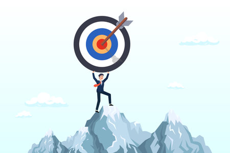 Success businessman holding big target with arrow hit bullseye center, business target, aiming high goal, objective or purpose, skill or aspiration to achieve target, precisionのイラスト素材