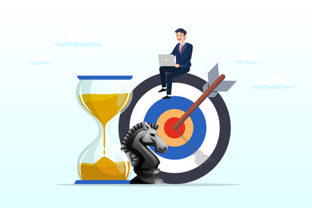 Businessman working with computer sit on target with chess knight and sand glass, business strategy, planning to achieve goal, management for company growth opportunityのイラスト素材