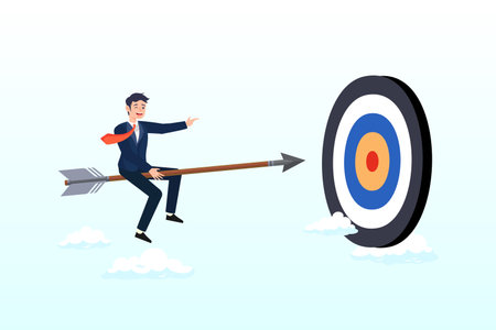 Smart business man worker riding speed arrow precisely aiming at target bullseye, business success achievement, leadership to survive and win business strategy or setting goalのイラスト素材