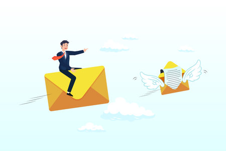 Businessman riding flying follow up email envelop, follow up email sending message to confirm important project, ensure progress or tracking project status, communicate planのイラスト素材