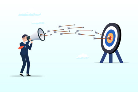 Businessman marketer talk on megaphone with archer hit target bullseye, communicate or advertising to target audience, marketing campaign or promotion to hit business goalのイラスト素材