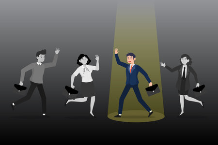 Stand out confident businessman with spotlight with other fade out candidates, the chosen one, HR, human resources recruiter choosing best candidate or talentのイラスト素材