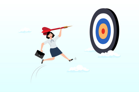 Courage businesswoman jump to hit target, courage or ambition to reach goal, business challenge or aiming for target, achievement, reach target bullseye, aspiration, objectiveのイラスト素材