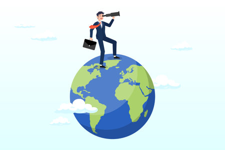 Businessman standing on globe, planet earth using telescope to see vision or future opportunity, globalization, global business vision, world economics or business opportunityのイラスト素材
