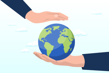 Businessman hand holding earth with care and other hand cover for protection, save the world, peace or ecology, sustainability and environment protection, world care and supportのイラスト素材