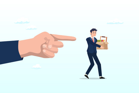 Boss pointing finger to fires, layoff misconduct employee, fired employee, layoff or dismissal worker, misconduct or under perform staff, failure or trouble employment, joblessのイラスト素材