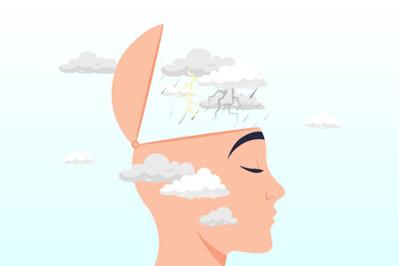 Man with head open reveal his brain with thunder storm raining metaphor of depressed or mental illness, depression, anger, stressed and anxiety emotionのイラスト素材