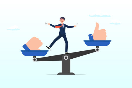 Businessman balance on seesaw with thumb up and down, demerit and merit evaluation, advantage and disadvantage in comparison, performance assessment, manager evaluation, judgmentのイラスト素材