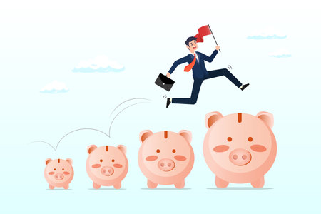 Businessman jumping from small piggy bank to bigger profit to achieve financial goal, investment and savings growth, salary or profit increase, collect or making more moneyのイラスト素材