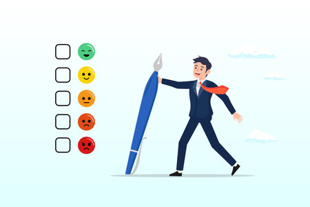 Man holding pencil thinking about experience and giving rating on questionnaire with happy, neutral and angry faces, customer feedback from consumer for liking product and serviceのイラスト素材