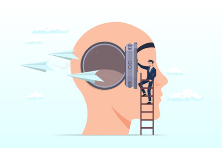 Man open his head window to launch paper airplane origami, business support to launch new startup idea, entrepreneurship to start new business, support to free your mindのイラスト素材