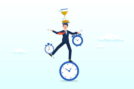 Businessman balancing all time pieces, sand glass, alarm clock, countdown timer, time management or productivity addiction, work life balance or control work project timeのイラスト素材