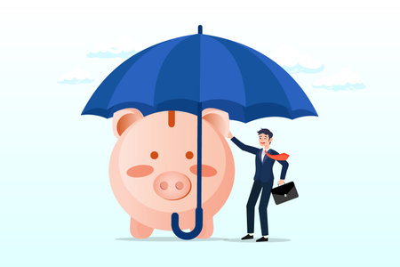 Confidence businessman investor with his piggy bank safety money covered by big umbrella, insurance and finance saving protection in economy crisis, safety investmentのイラスト素材