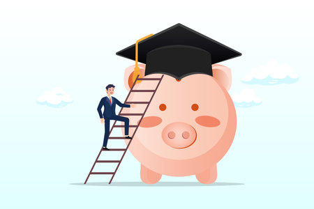 Student climbing the ladder to reach piggy bank wearing university graduation hat, education fund, cost and expense in books, course study, saving money to achieve graduationのイラスト素材