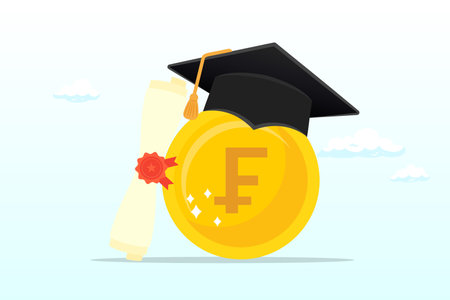 Franc money coin with mortarboard graduation cap and certificate, education cost, tuition or scholarship, money for university or graduation, school expense or student debtのイラスト素材