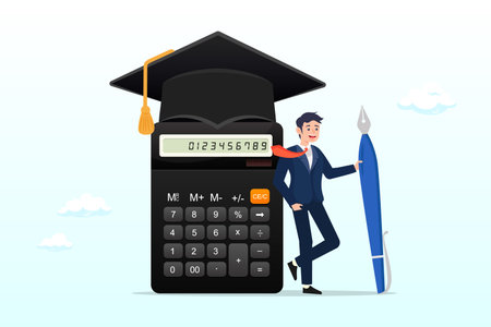 Graduated student standing with mortar board hat calculator, student loan calculation, education budget allocation, university expense and debt pay off or scholarship paymentのイラスト素材