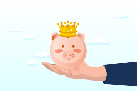 Businessman hand offer shinny pink piggy bank with golden king crown, best investment, winning pension fund or bargain stock picking with high return, deposit saving for retirementのイラスト素材