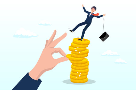 Giant hand pull back money from coin stack causing investor to fall down, investment risk from stock market crash, pull money or liquidity back, market volatility, unstableのイラスト素材