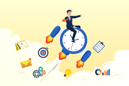 Businessman riding fast flying clock with jetpack increasing productivity, improve productivity or efficiency, time management to finish within deadline, performance improvementのイラスト素材